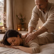Séance de shiatsu en fin d’hiver dans une pièce lumineuse et apaisante, praticien travaillant sur le dos d’une personne allongée, ambiance douce de début de printemps
